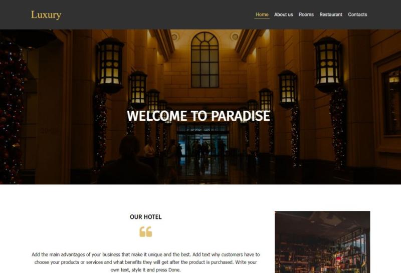 Mit dem alldomains.hosting Homepage Baukasten Ihre eigene Hotel Website erstellen. Website Template 5