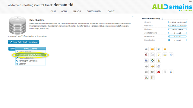 Typo3 Seite zu alldomains.hosting übertragen - phpMyAdmin bei alldomains.hosting starten Schritt 2