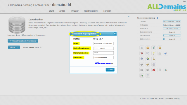 Die Datenbank Zugangsdaten bei alldomains.hosting herausfinden Schritt 3